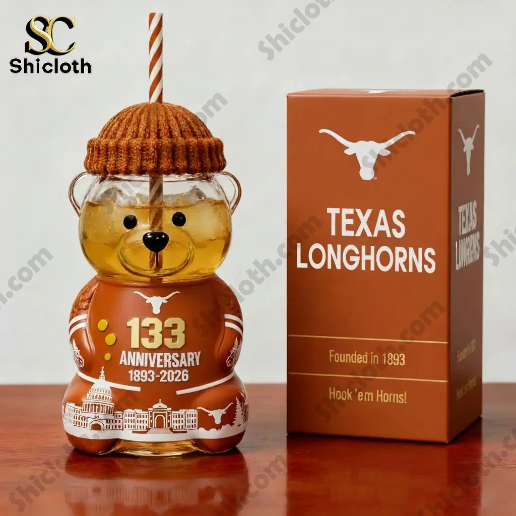 Close up of Texas Longhorns Anniversary Bear Cup with matching orange gift box.