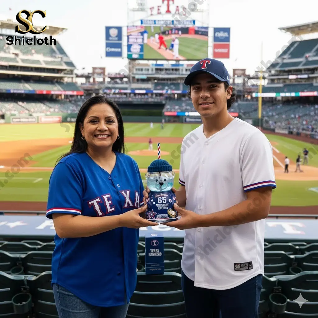 Two Texas Rangers fans holding a 65th anniversary bear cup at the stadium