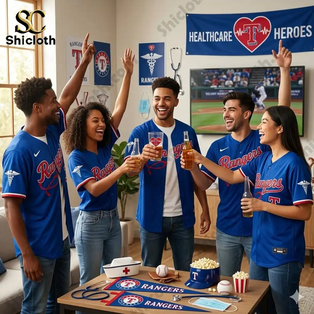 Group of friends wearing Texas Rangers Healthcare Appreciation Night jerseys cheering indoors