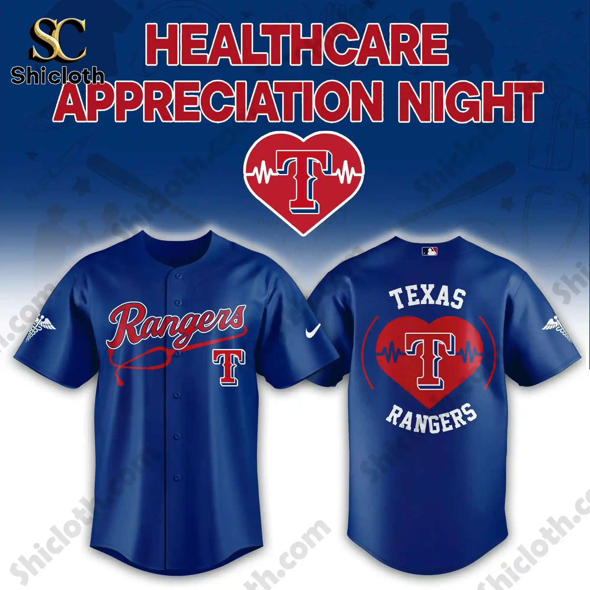 Front and back view of blue Texas Rangers Healthcare Appreciation Night jersey