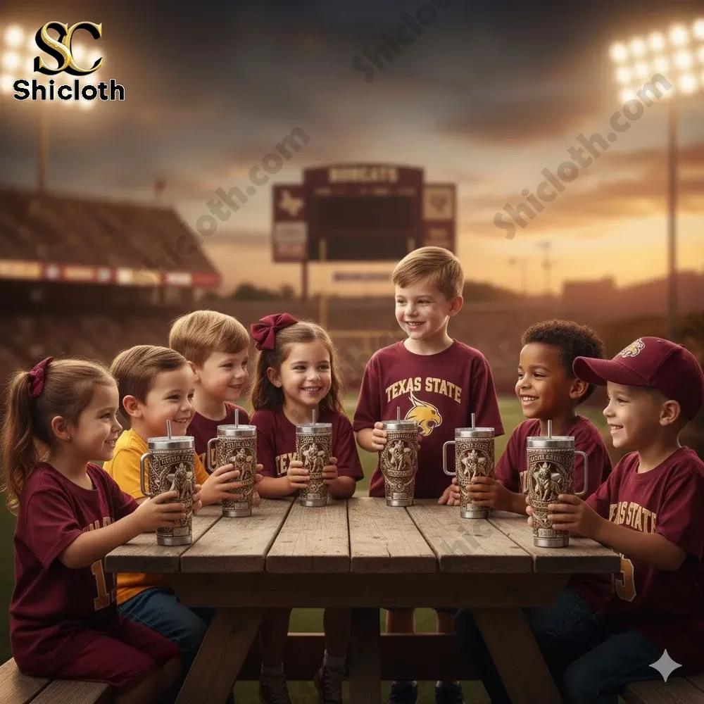 Children holding Texas State Bobcats tumblers at a stadium table!