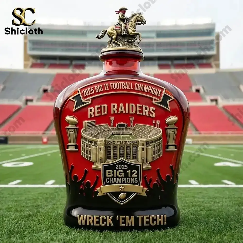 Shicloth Texas Tech Red Raiders 2025 Big 12 Champions red liquor bottle with stadium background!
