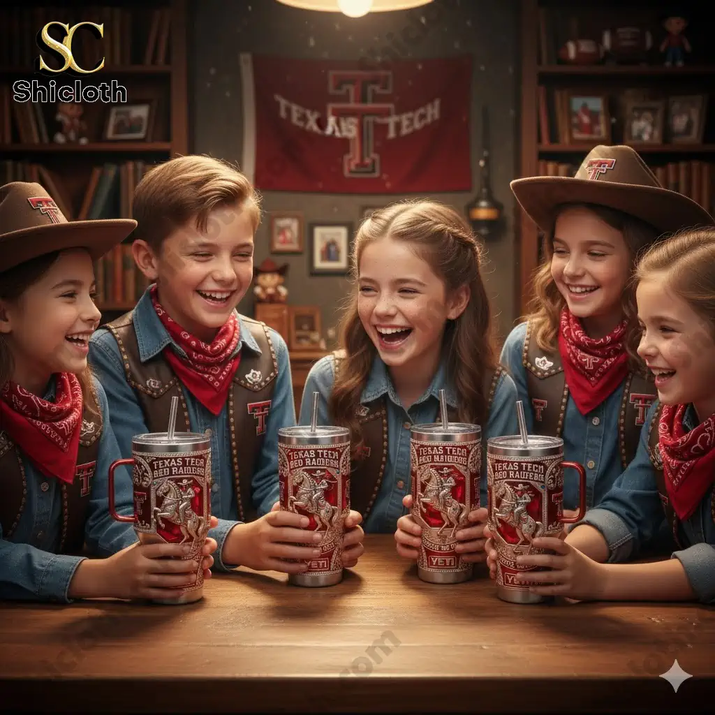 Oregon Ducks 131st Anniversary Tribute Tumbler 23 Five kids in Texas Tech outfits holding Texas Tech Red Raiders Yeti tumblers and laughing at a table.