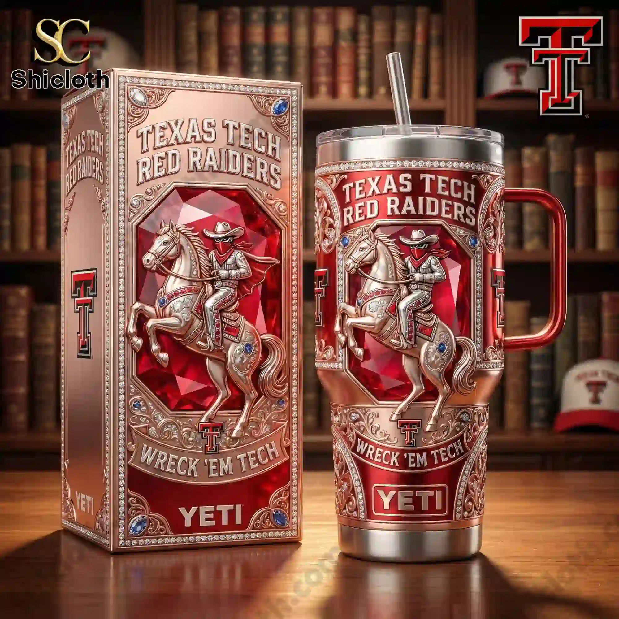 Texas Tech Red Raiders Yeti tumbler with handle displayed next to its matching gift box.