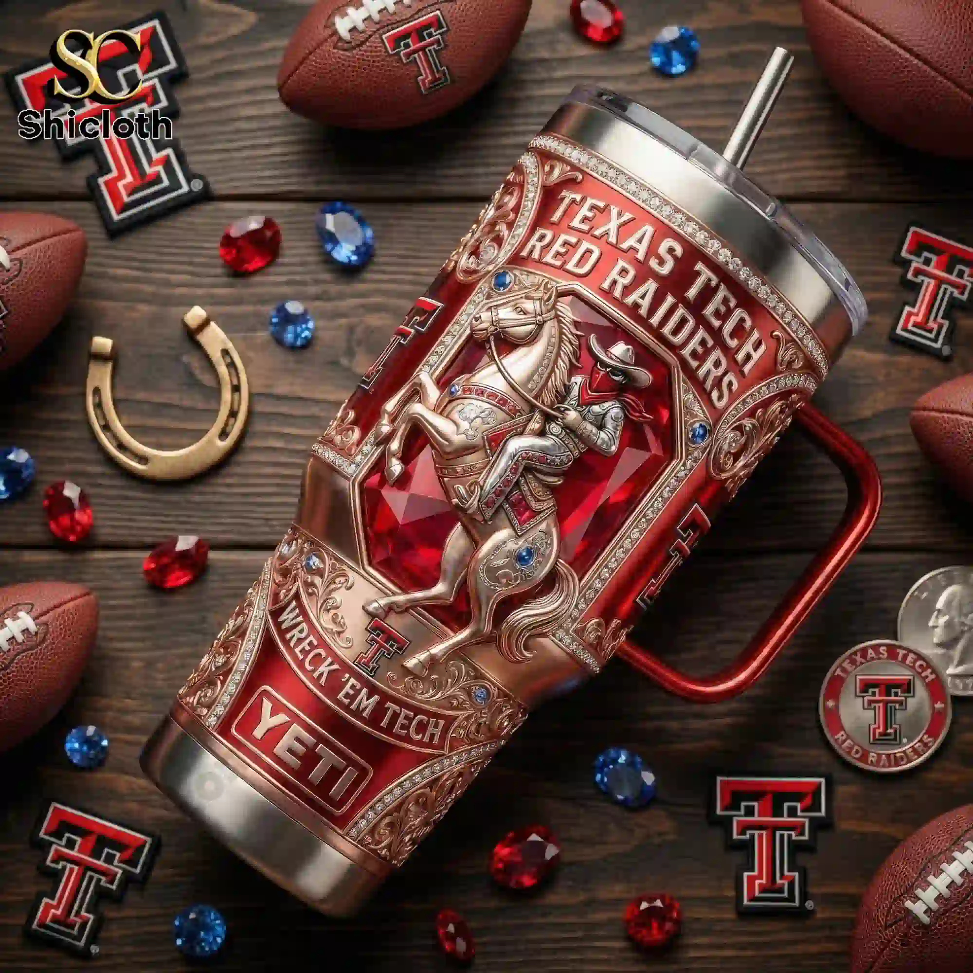 Texas Tech Red Raiders YETI Tumbler with Handle 4 Texas Tech Red Raiders Yeti tumbler with handle placed on a wooden surface with football themed items.