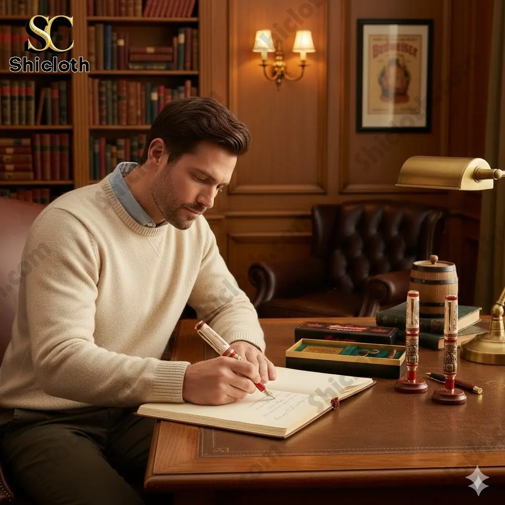 Man writing with Budweiser anniversary pen at wooden desk in classic study room