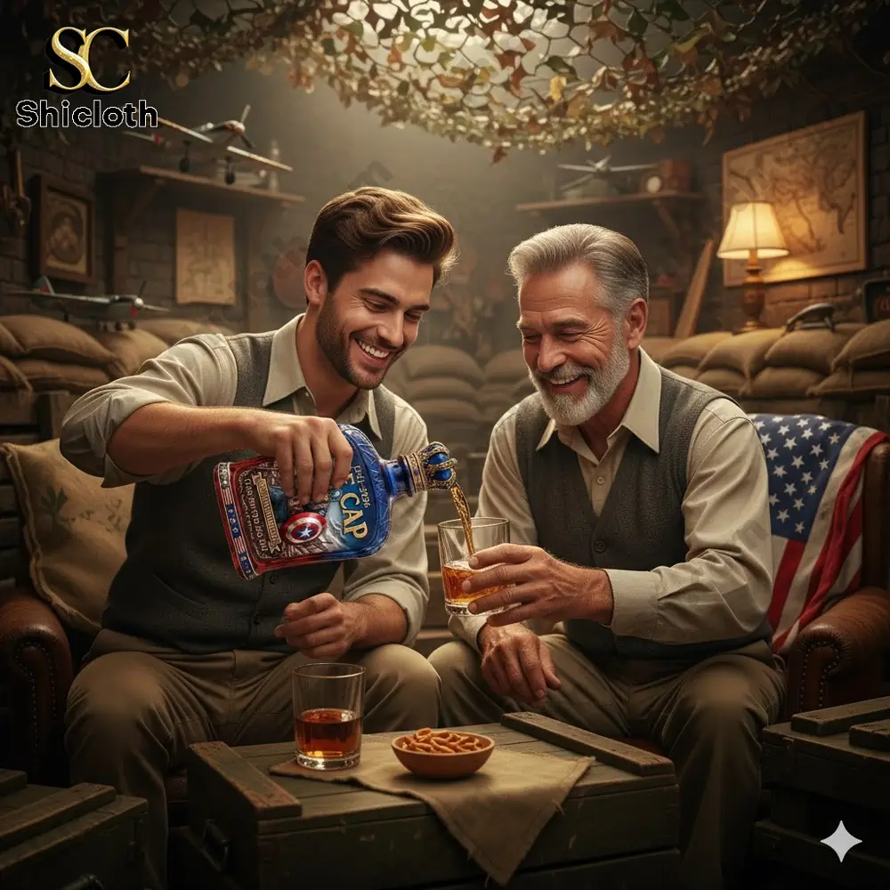 Two men sitting in a cozy room pour whiskey from a superhero themed bottle!