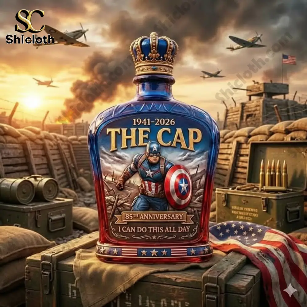 A superhero themed whiskey bottle displayed in a dramatic battlefield setting!
