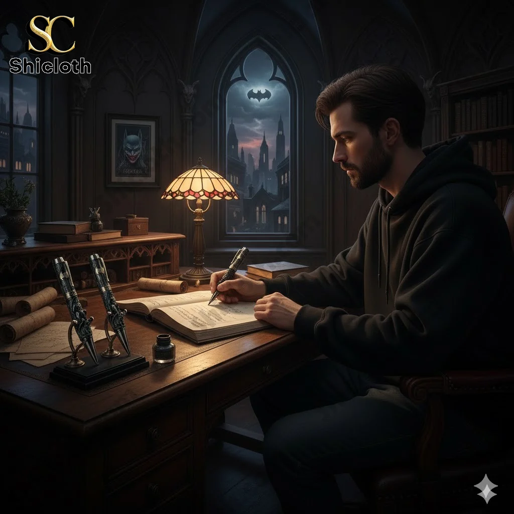Man writing with a Gothic Batman pen at a wooden desk in a dark study room