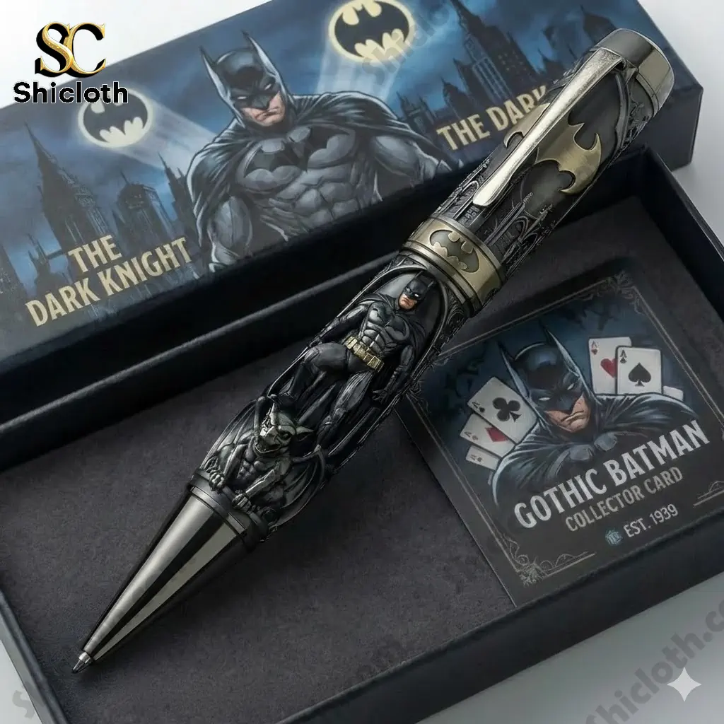 Close up of Gothic Batman collector pen in gift box with collector card
