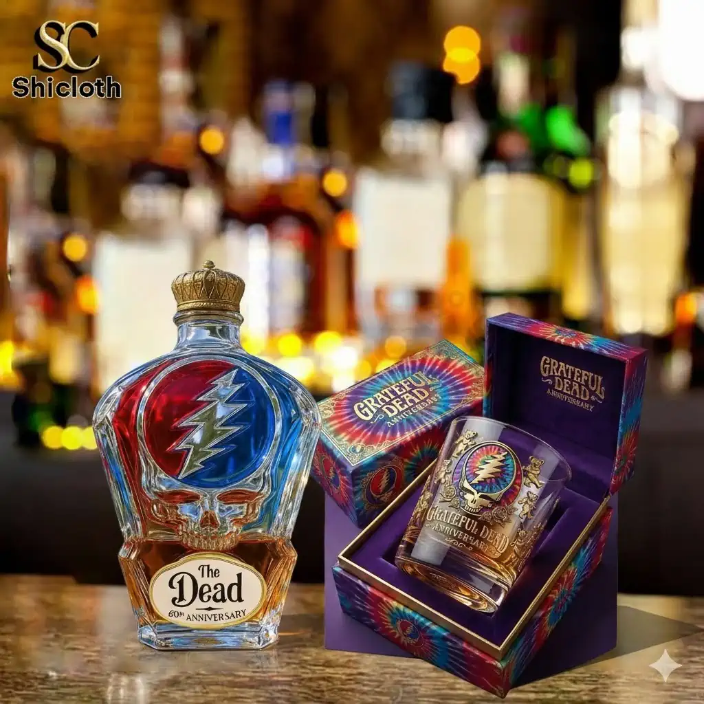 Grateful Dead 60th anniversary whiskey bottle with skull design and glass gift box