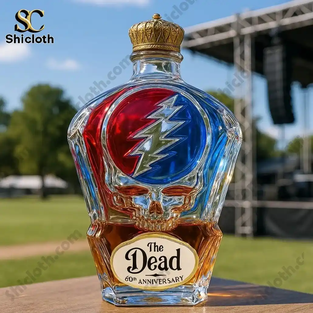 Grateful Dead 60th anniversary skull whiskey bottle outdoors near concert stage