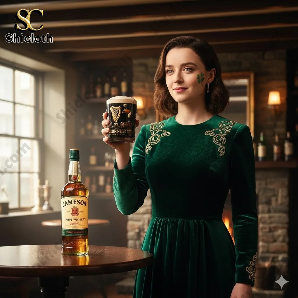 Woman in green dress holding a Guinness glass beside a Jameson bottle in a cozy Irish bar setting!