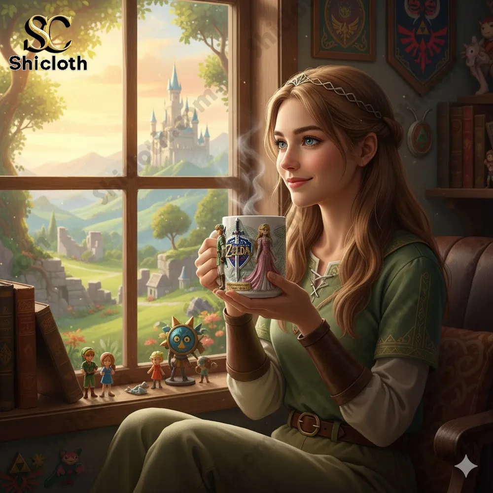Princess Zelda holding a Shicloth The Legend of Zelda mug near a window with a castle view.