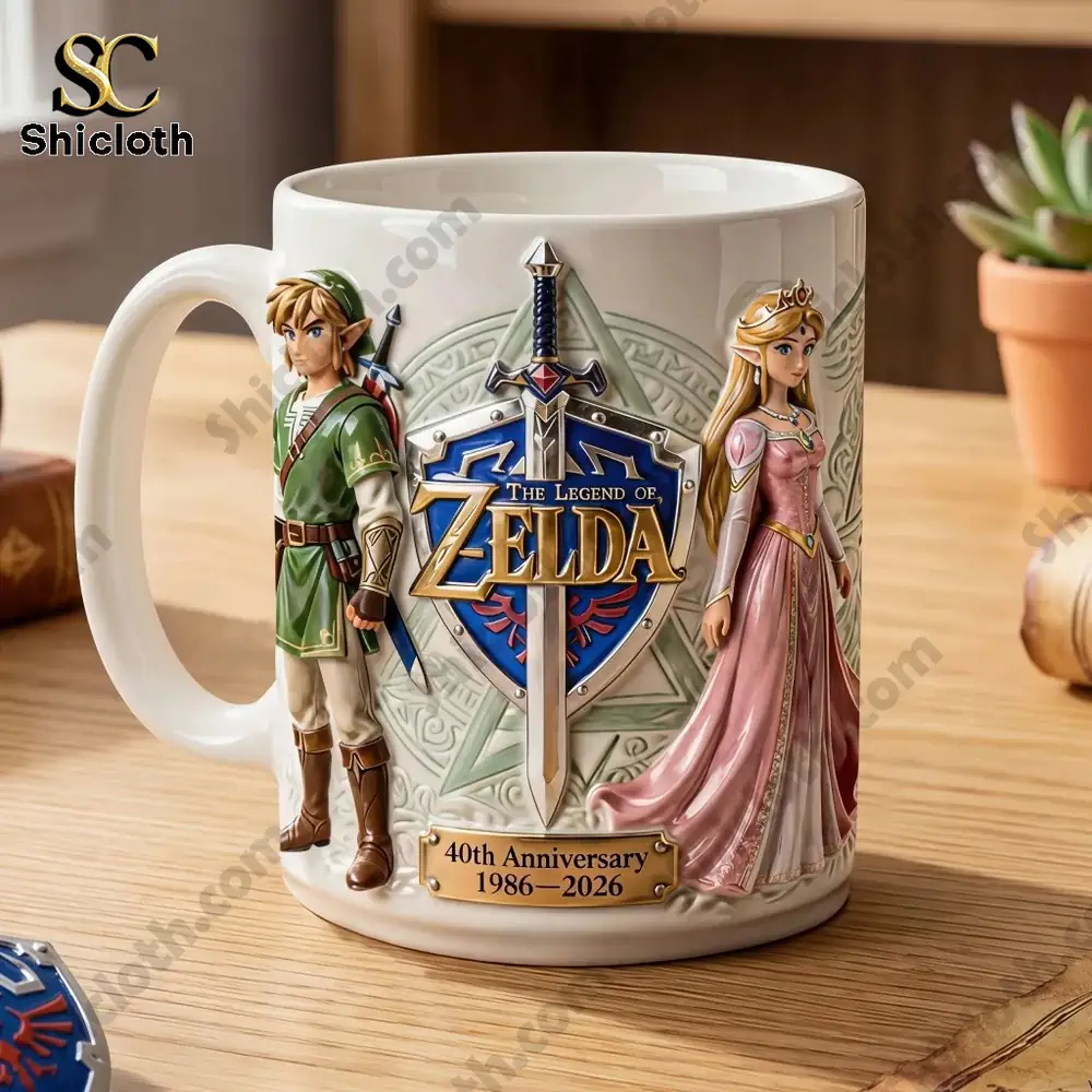 Close up of a Shicloth The Legend of Zelda 40th Anniversary mug with Link and Zelda design.