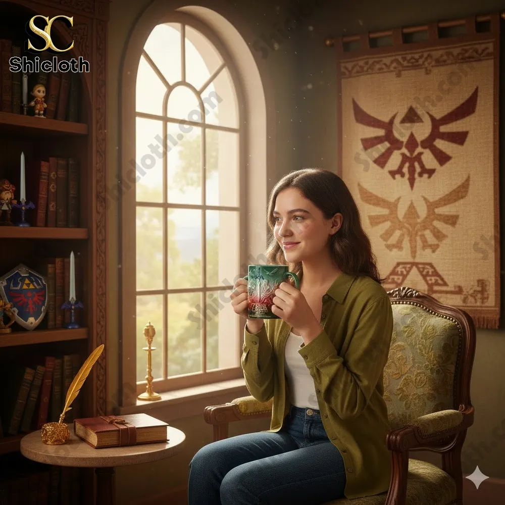 Woman holding a Zelda anniversary mug in a cozy fantasy themed room!