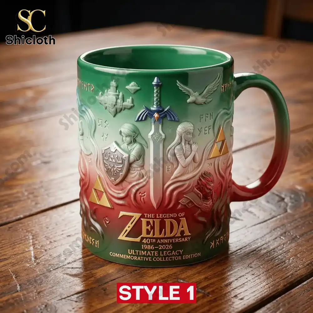 Close up of Zelda 40th Anniversary mug with embossed sword and characters!