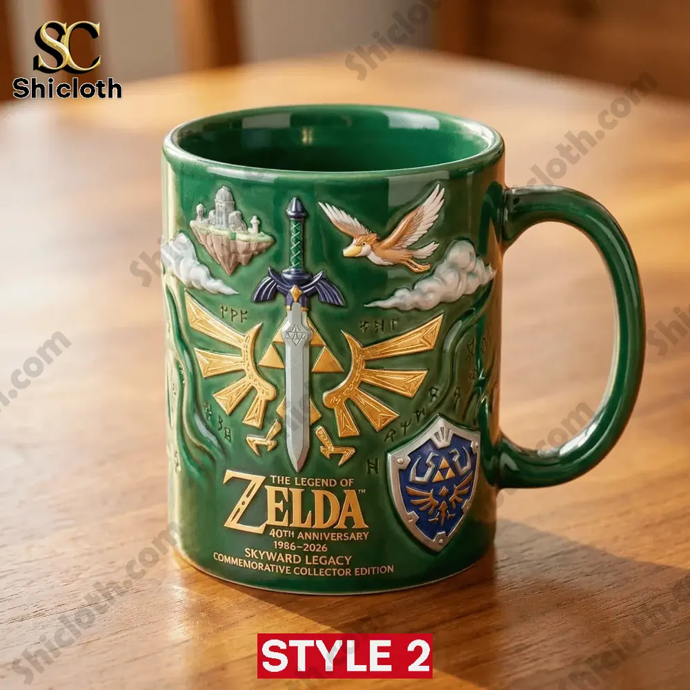 The Legend of Zelda 40th Anniversary Commemorative Editon Mug 4 Green Zelda 40th Anniversary mug with Hylian crest shield and flying bird design!