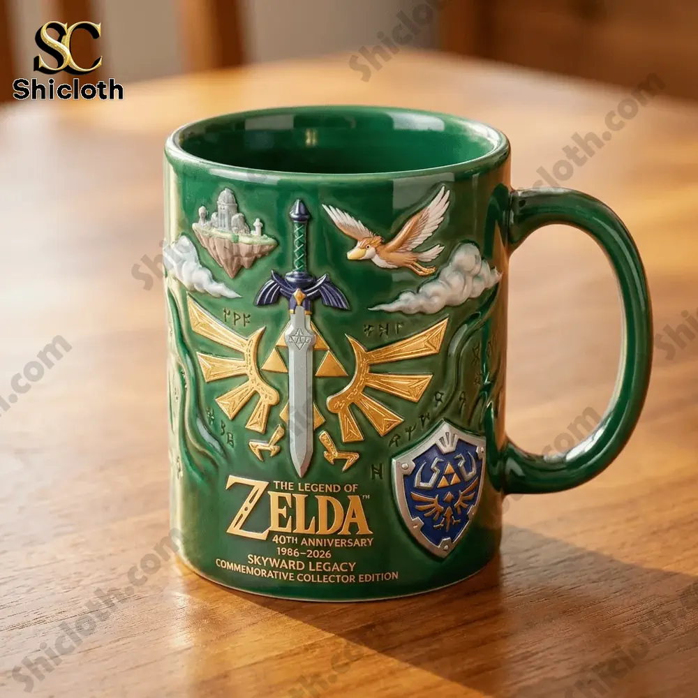 The Legend of Zelda 40th Anniversary Commemorative Editon Mug 5 Zelda 40th Anniversary green mug style 2 with Master Sword and Hylian shield!