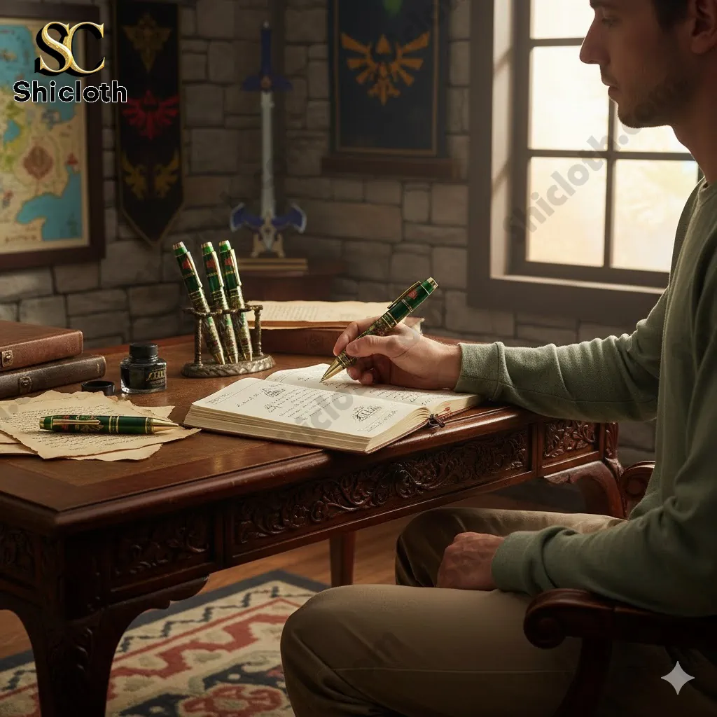 Man writing in notebook with green Zelda anniversary pen at wooden desk!