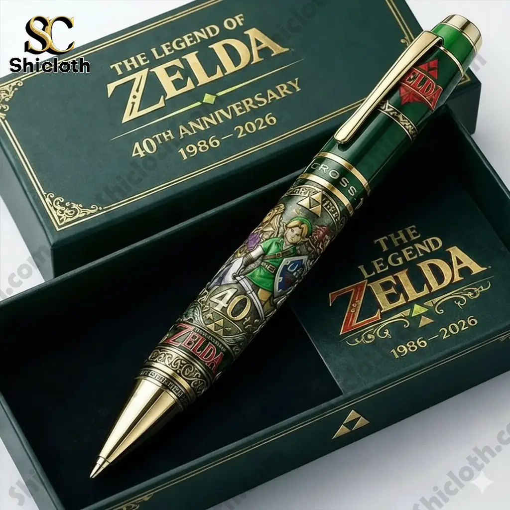 Close up of green Zelda anniversary pen displayed in premium gift box!