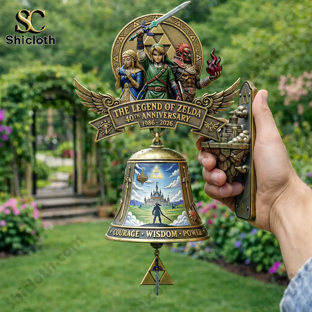 Handheld Zelda anniversary collector bell in garden setting!