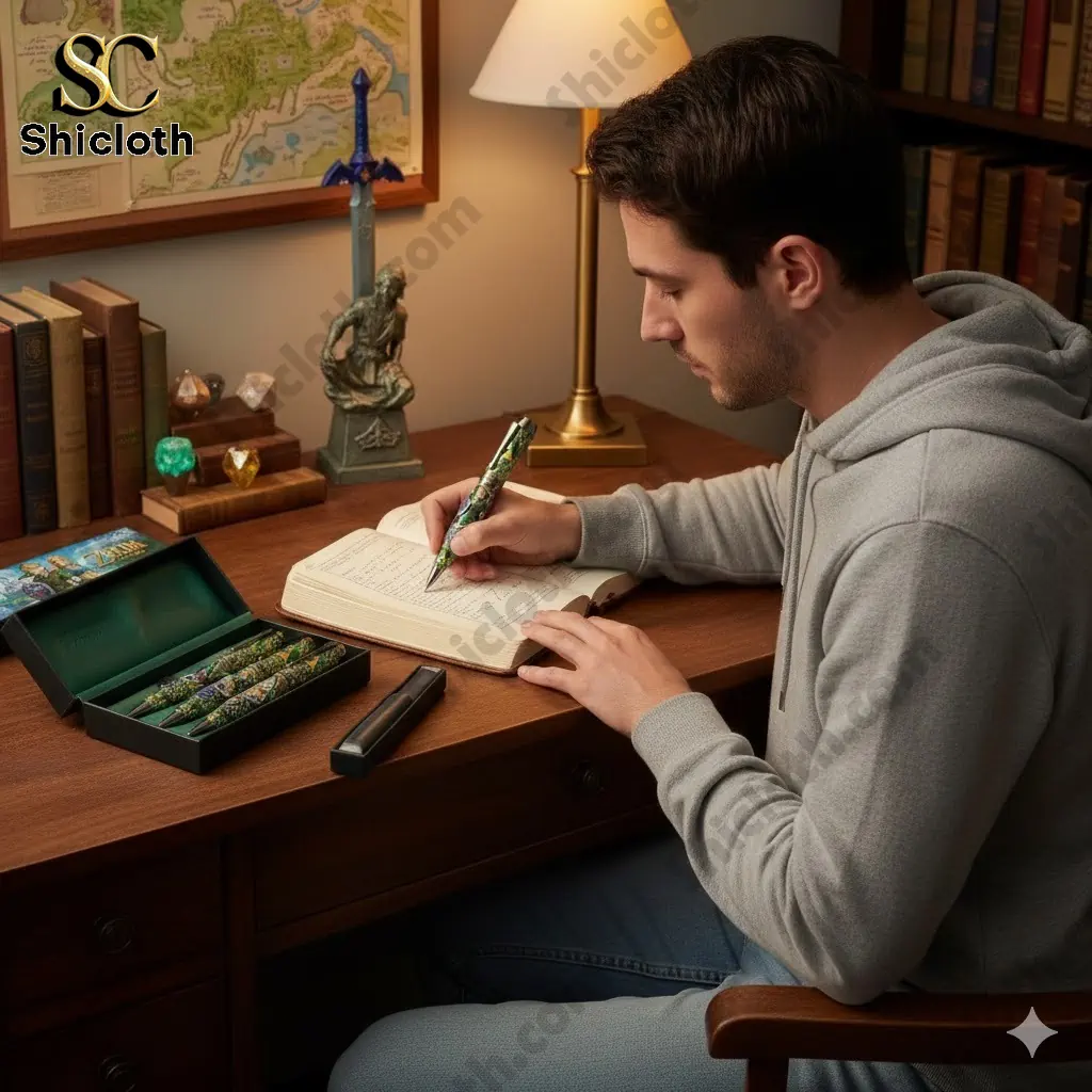 Man writing in notebook with Zelda themed pen at wooden desk