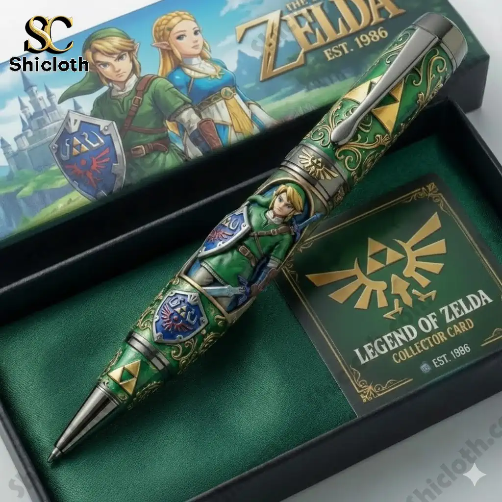 Close up of Shicloth Zelda collector pen in green display box