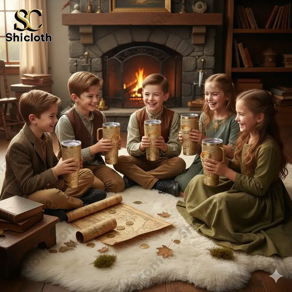 Oregon Ducks 131st Anniversary Tribute Tumbler 21 Five children sitting by a fireplace holding Shicloth Lord of the Rings tumblers.