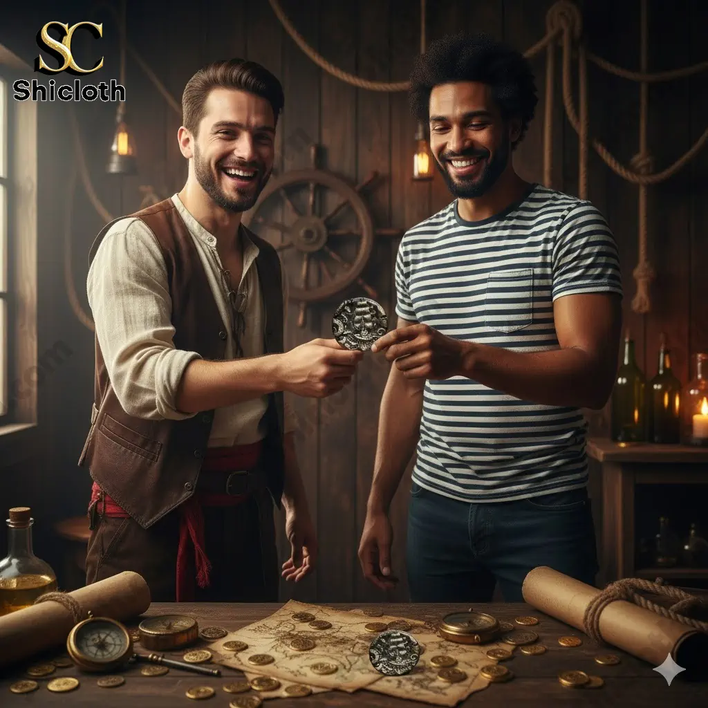 Two men holding a pirate galleon and sea monster coin in a vintage wooden room