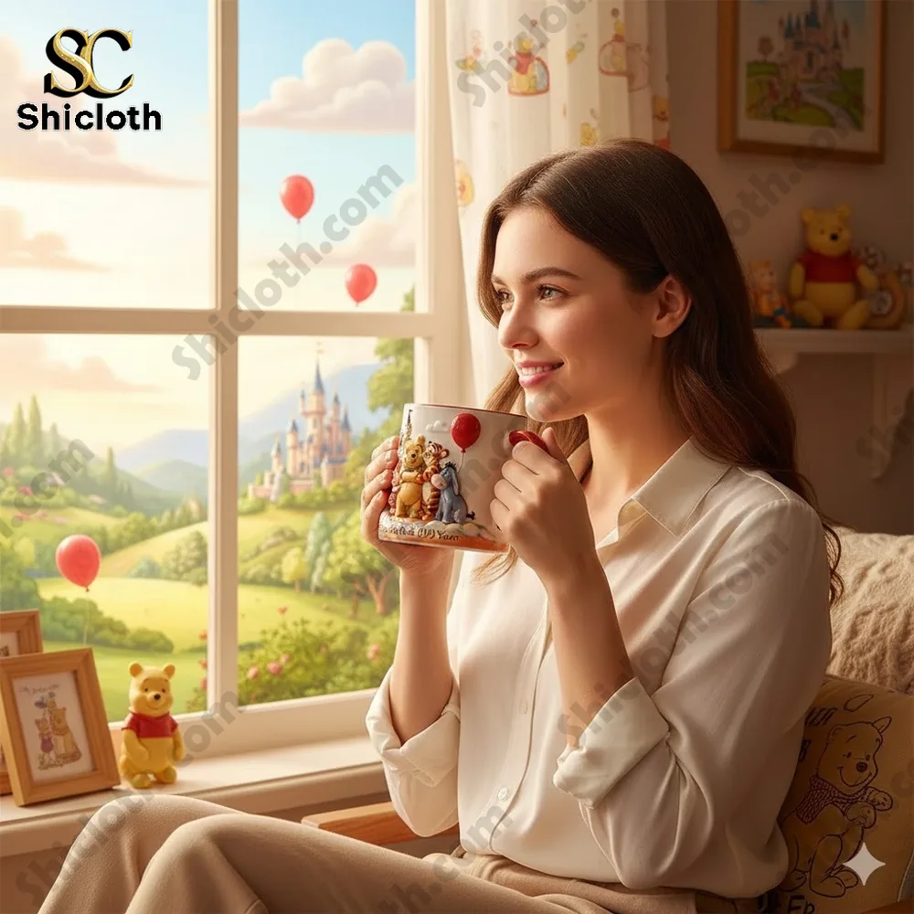 Woman holding a Winnie the Pooh mug by a sunny window with balloons and a castle view!