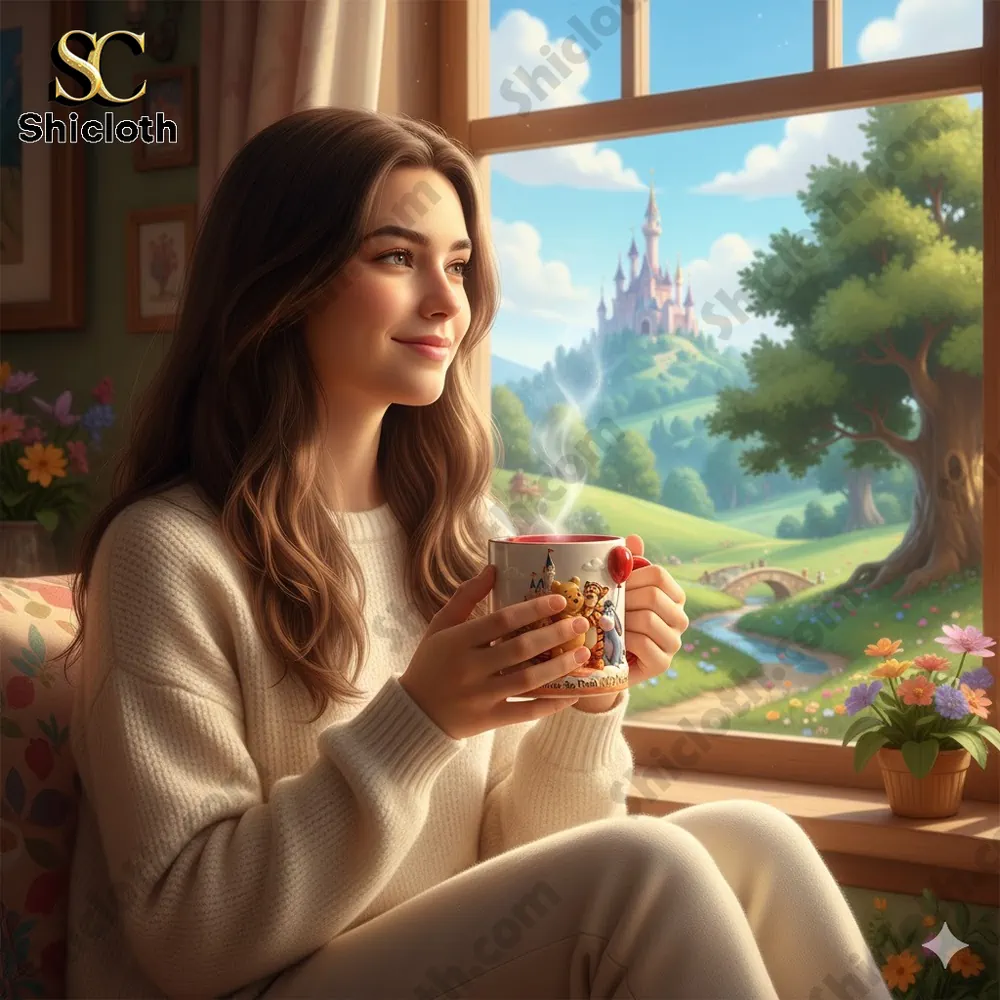 Woman holding a Winnie the Pooh mug near a window with a castle landscape view!