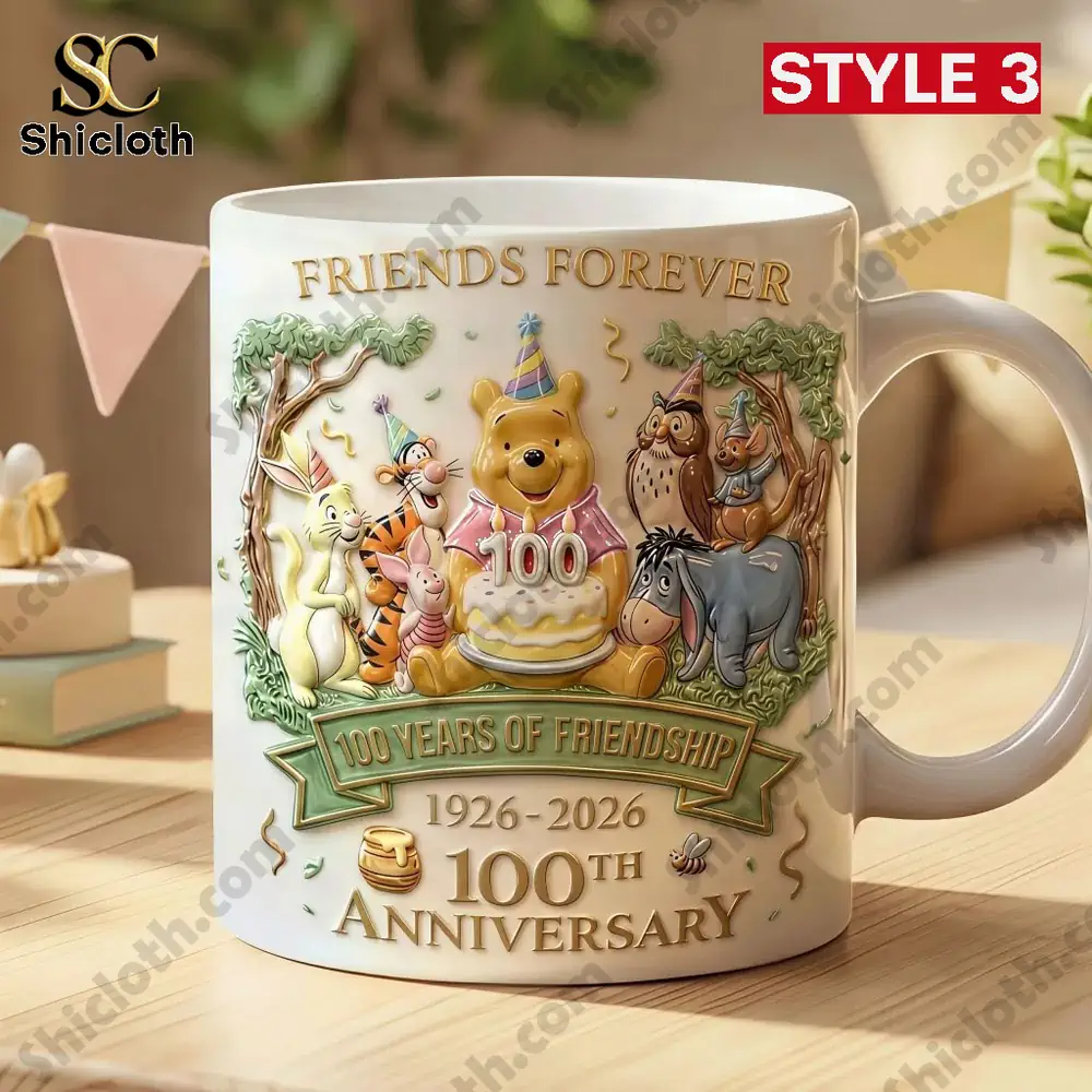 The Pooh 100Th Anniversary Mug 5 White Winnie the Pooh mug with friends forever and 100th anniversary design!