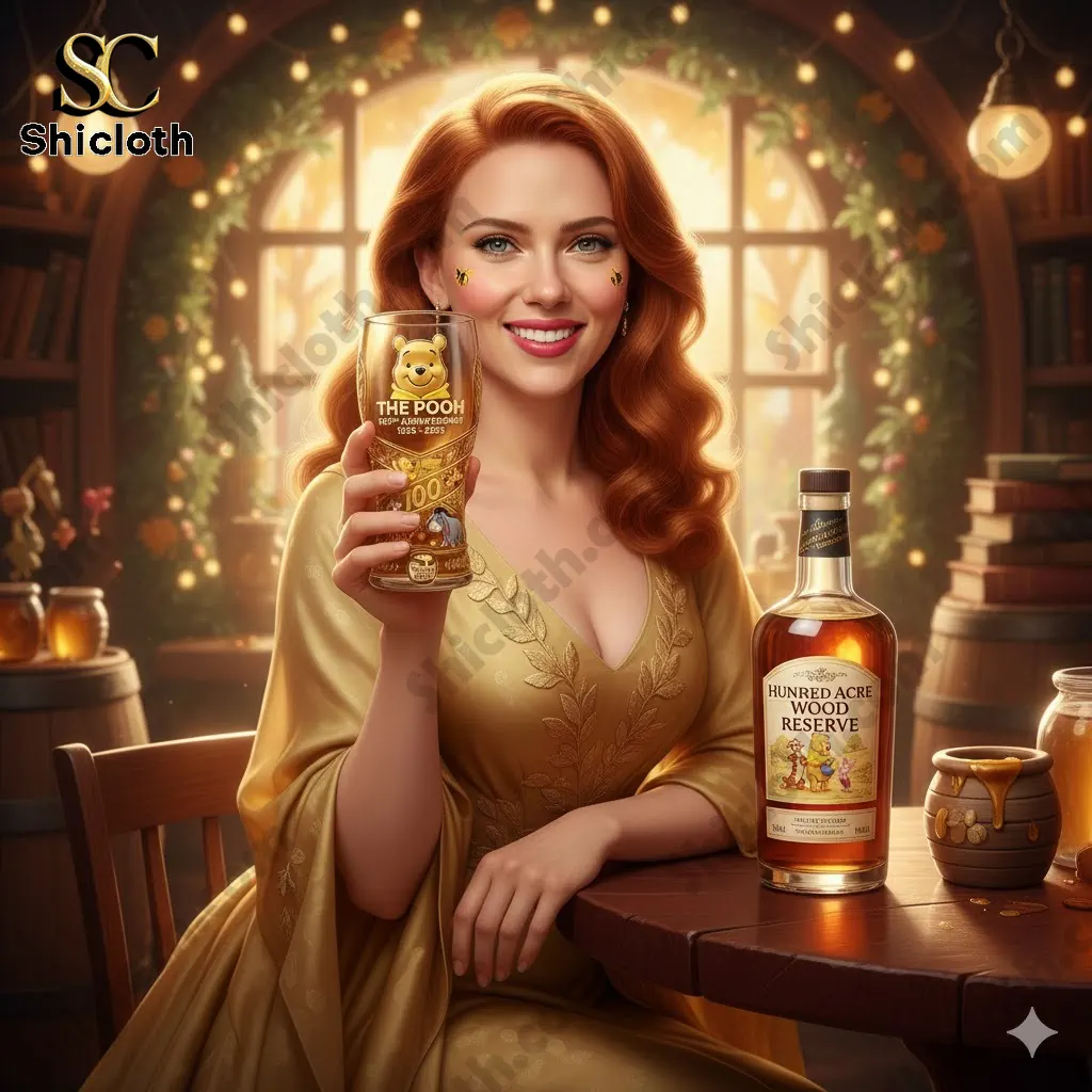 Woman holding The Pooh one hundredth anniversary glass beside Hundred Acre Wood Reserve bottle in cozy setting!