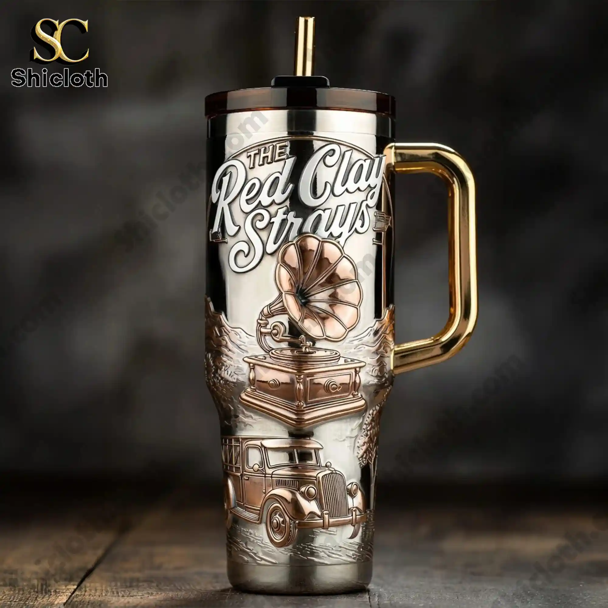 The Red Clay Strays Wondering Why 40oz Tumbler With Handle 3 Close up of The Red Clay Strays tumbler with handle featuring gramophone and vintage car design
