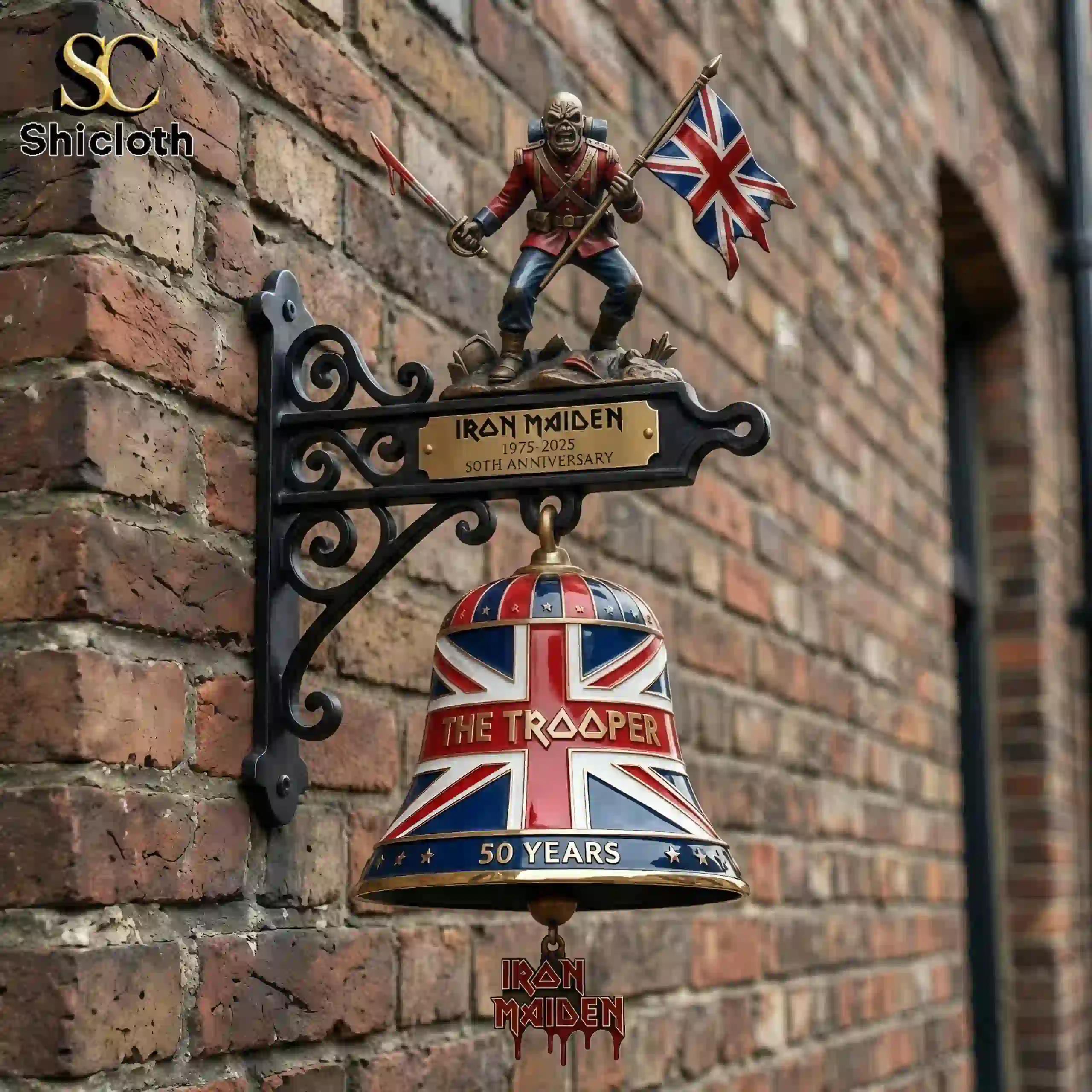 Iron Maiden The Trooper 50 Years wall bell mounted on brick wall
