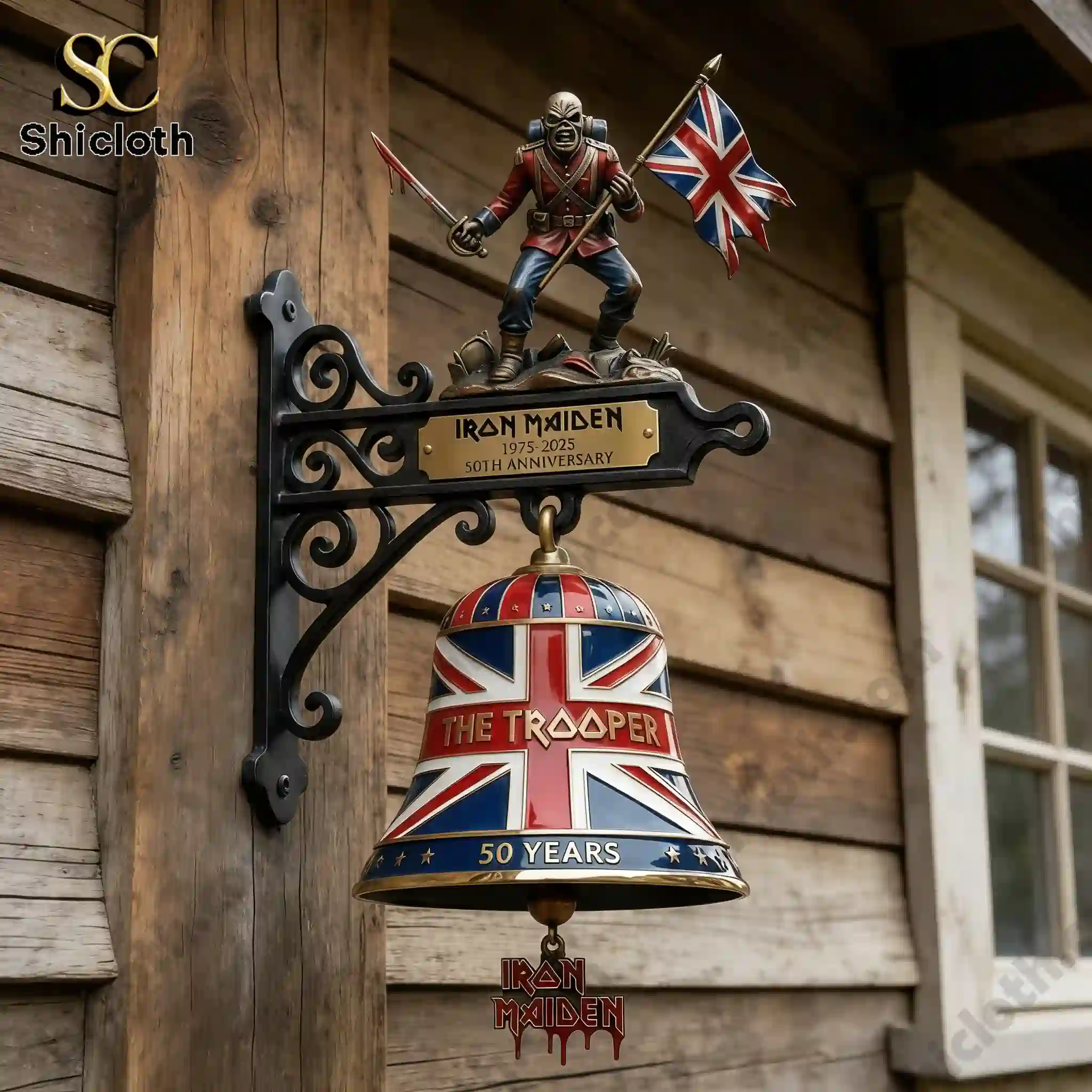 Iron Maiden The Trooper 50 Years wall bell mounted on wooden wall