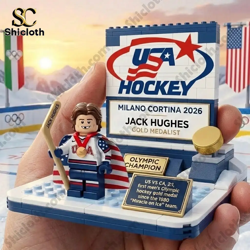 Brick style Jack Hughes USA Hockey Milano Cortina 2026 gold medal display by Shiclothg.