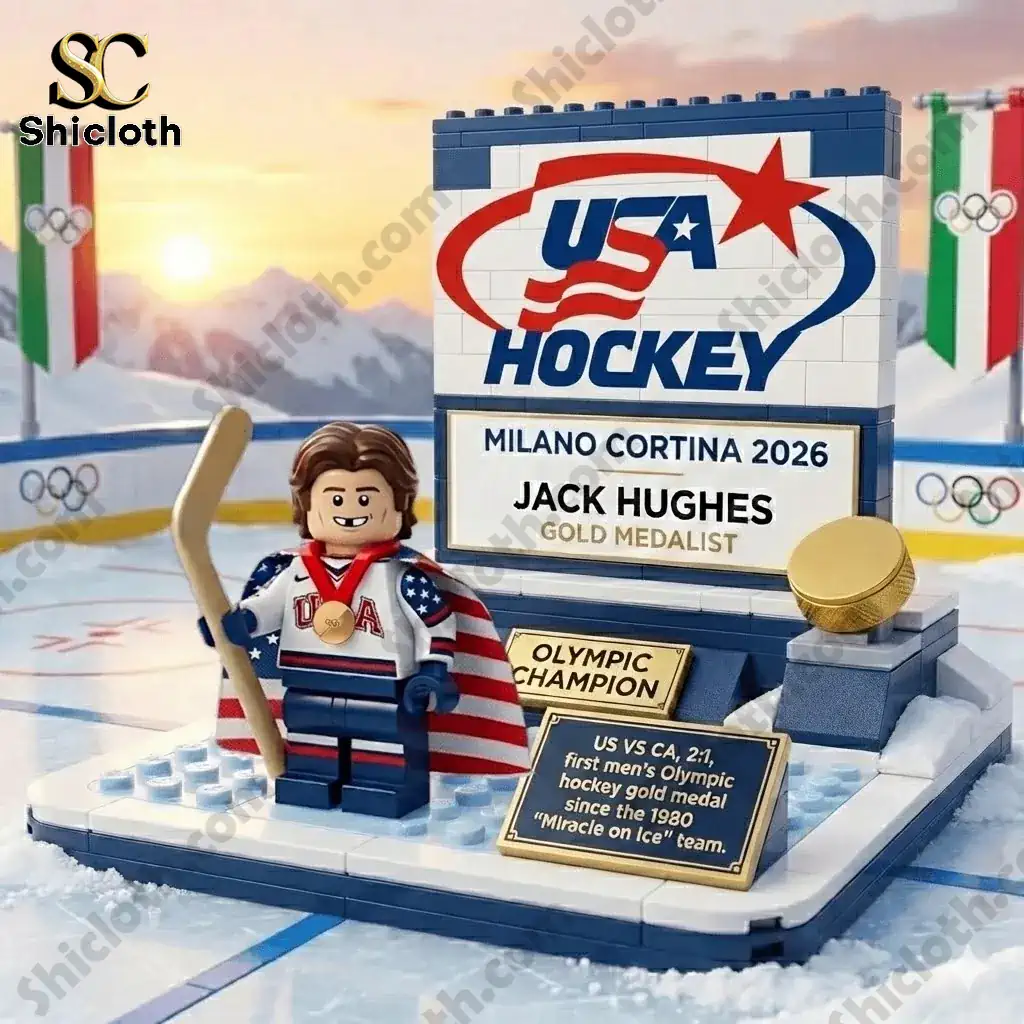 Close up brick style Jack Hughes USA Hockey Olympic champion Milano Cortina 2026 by Shiclothg.