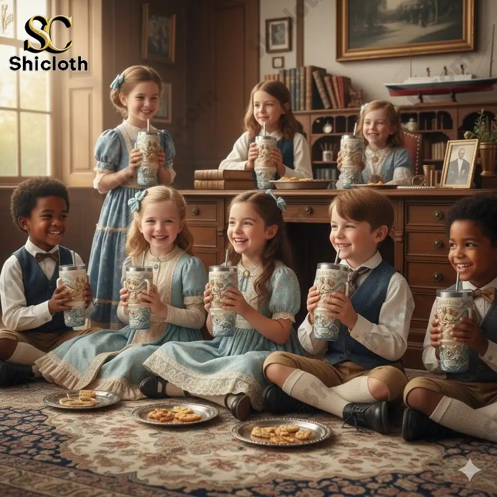 Children sitting together holding decorative tumblers!