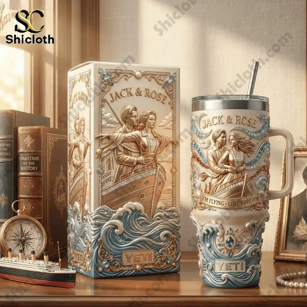 Decorative Jack and Rose tumbler with box on table!
