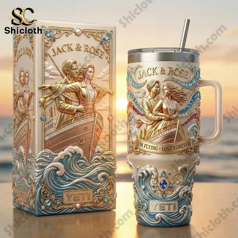 Titanic Jack & Rose Im Flying Love Forever Happy Valentina Day Tumbler 3 Jack and Rose tumbler by the sea at sunset!