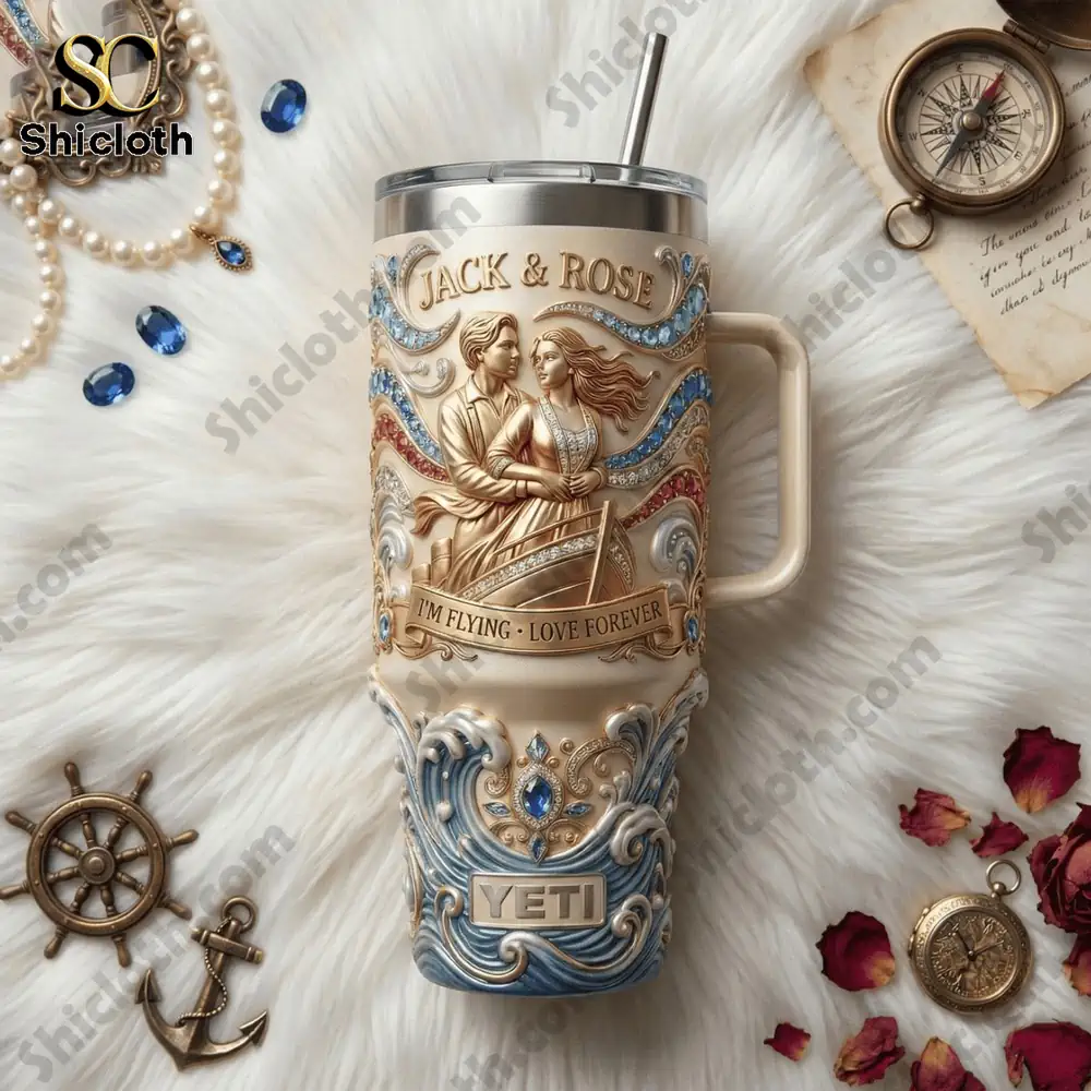 Titanic Jack & Rose Im Flying Love Forever Happy Valentina Day Tumbler 4 Jack and Rose tumbler flatlay with nautical accessories!