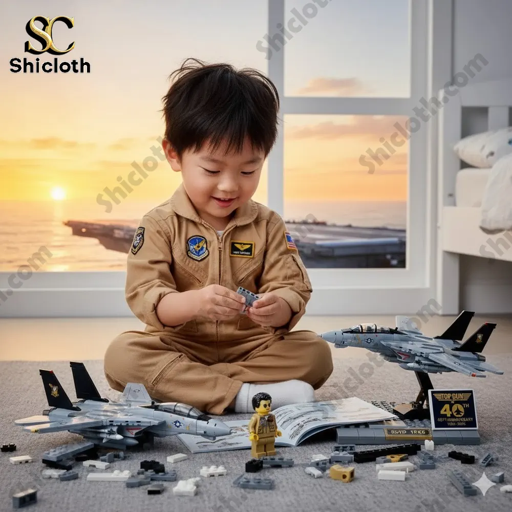 Little boy in a pilot jumpsuit building a fighter jet brick model on the floor.