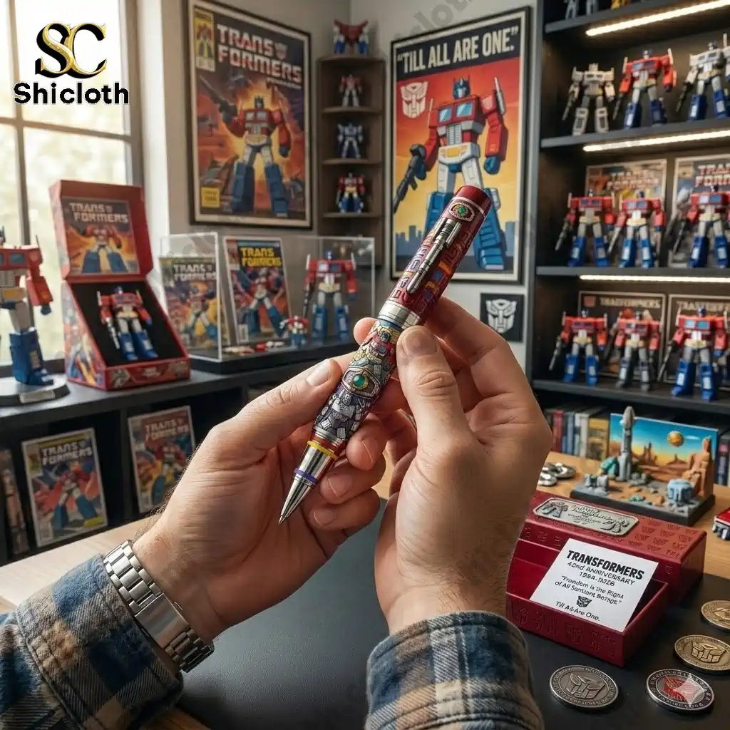 Transformers 42nd Anniversary collector pen held in hands in a Transformers themed room
