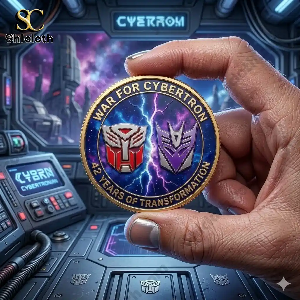 Autobot and Decepticon logos on War for Cybertron anniversary coin held in hand!