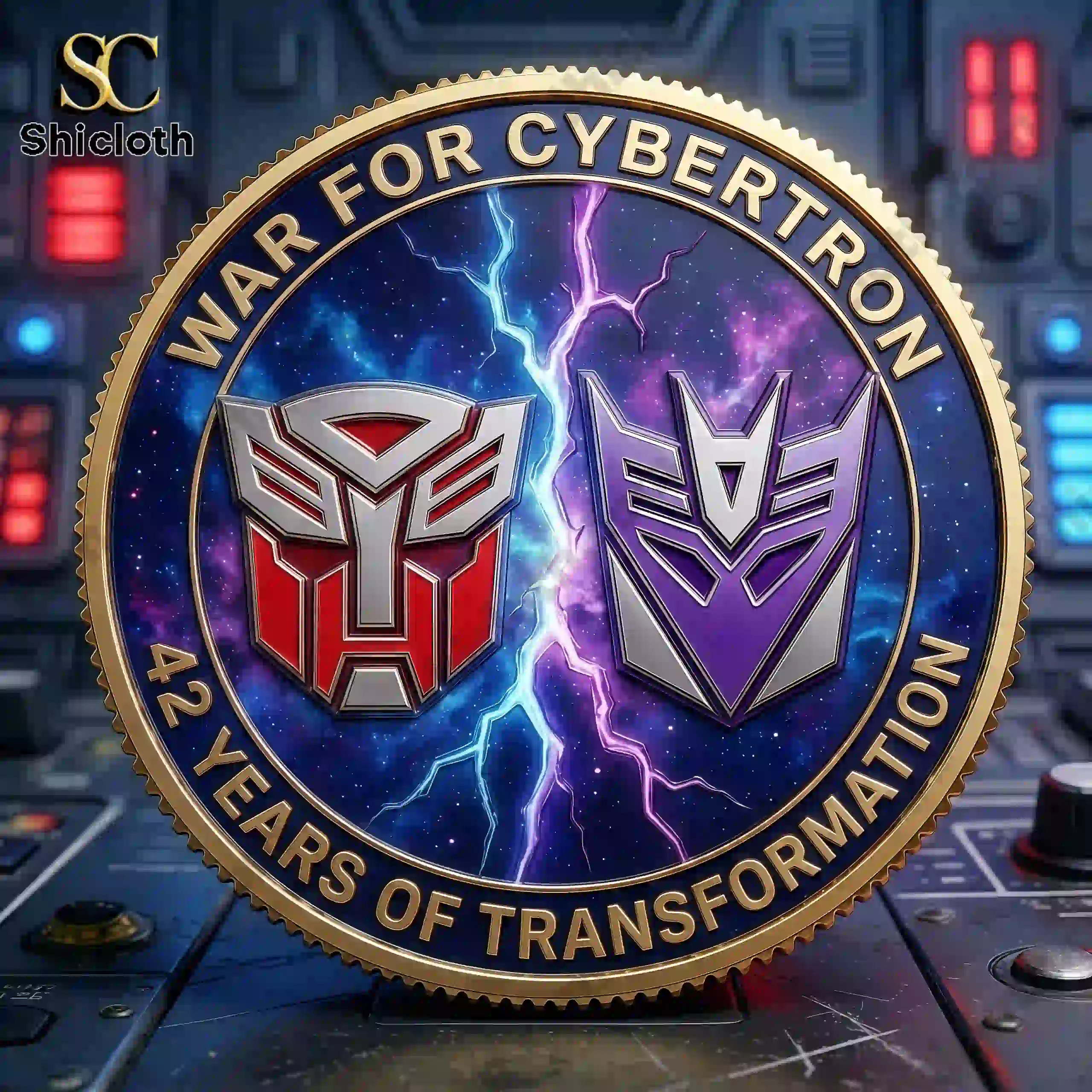 Close up of Autobot and Decepticon emblems on Cybertron anniversary coin!