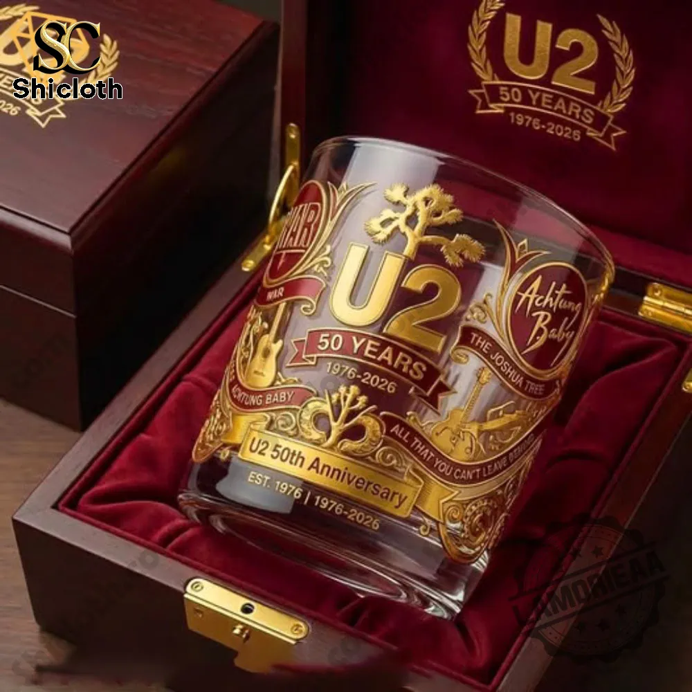U2 anniversary whiskey glass displayed in a luxury wooden box!