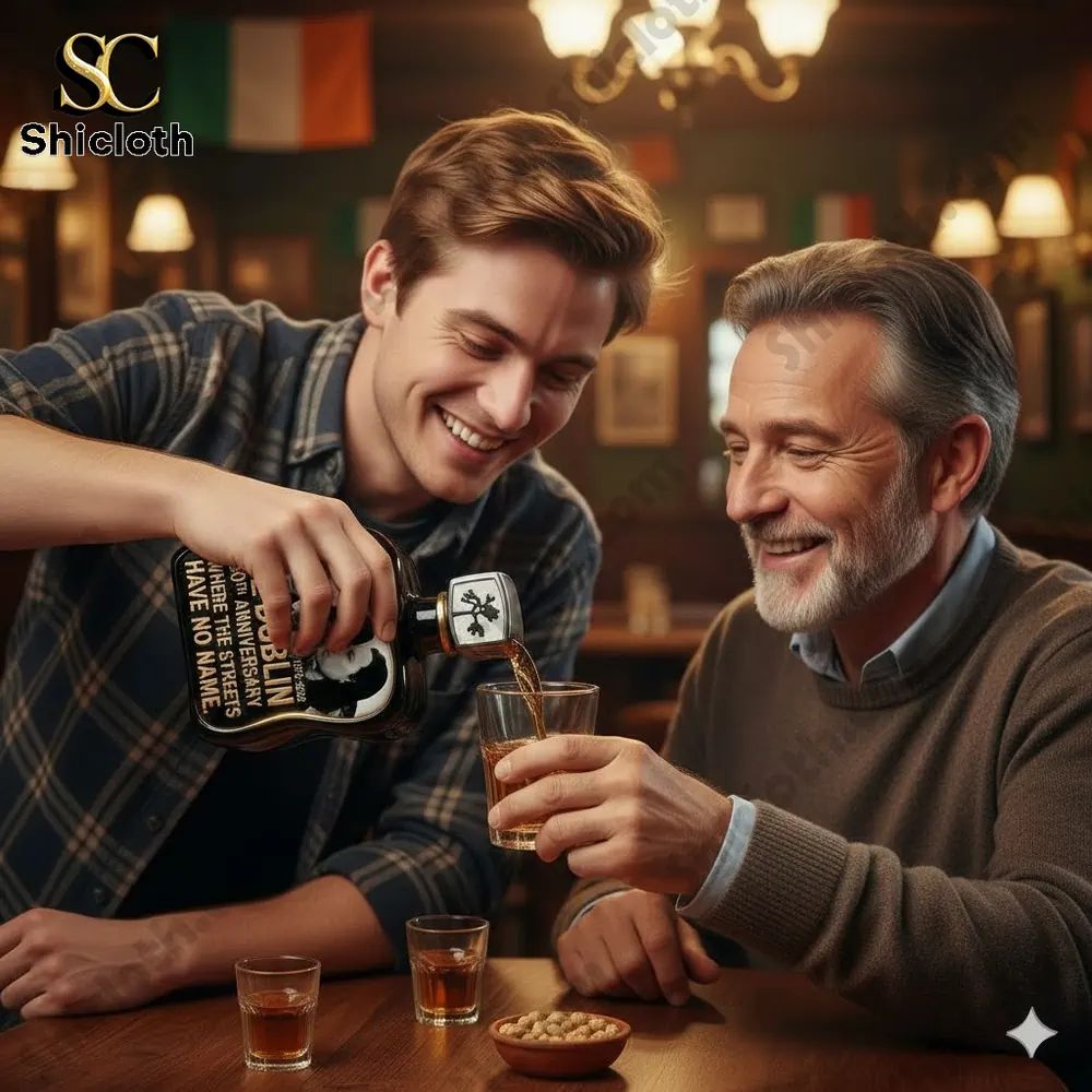 Two men in a pub pour whiskey from a music themed bottle with festive decor!