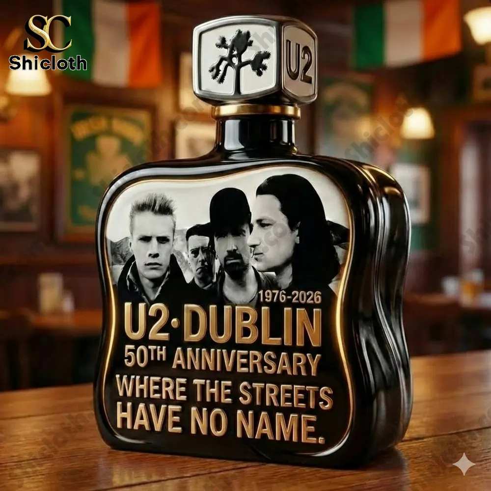 Close view of a music band themed whiskey bottle placed on a bar table!